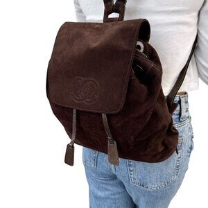 CHANEL Vintage CC Logo Suede Drawstring Flap Backpack Bag Stitch Brown [106223]